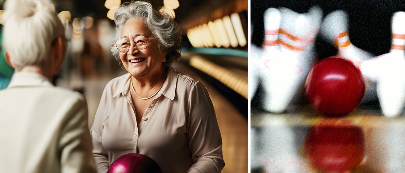 Two older ladies smiling, having fun bowling.