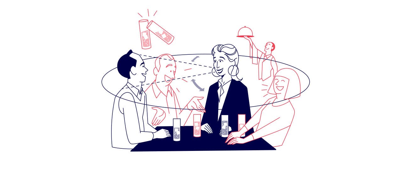 Illustration of a group of people enjoying drinks in a noisy restaurant setting.