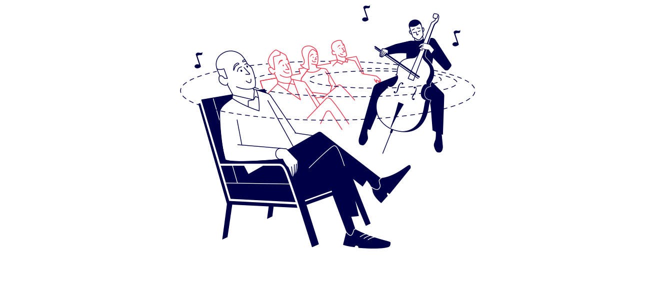 Illustration of an older man enjoying a concert with classical music.