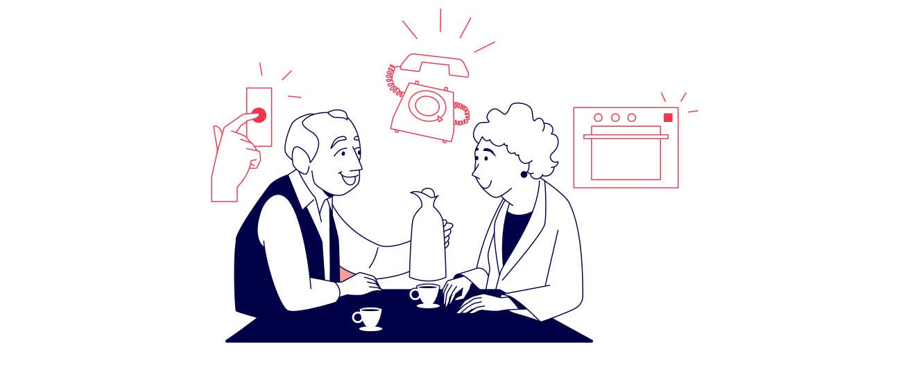 Illustration of a couple having coffee at a table with sounds from doorbell, phone and oven around them.