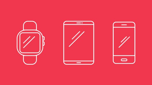 White outline of Apple Watch, iPad and iPhone on red background.
